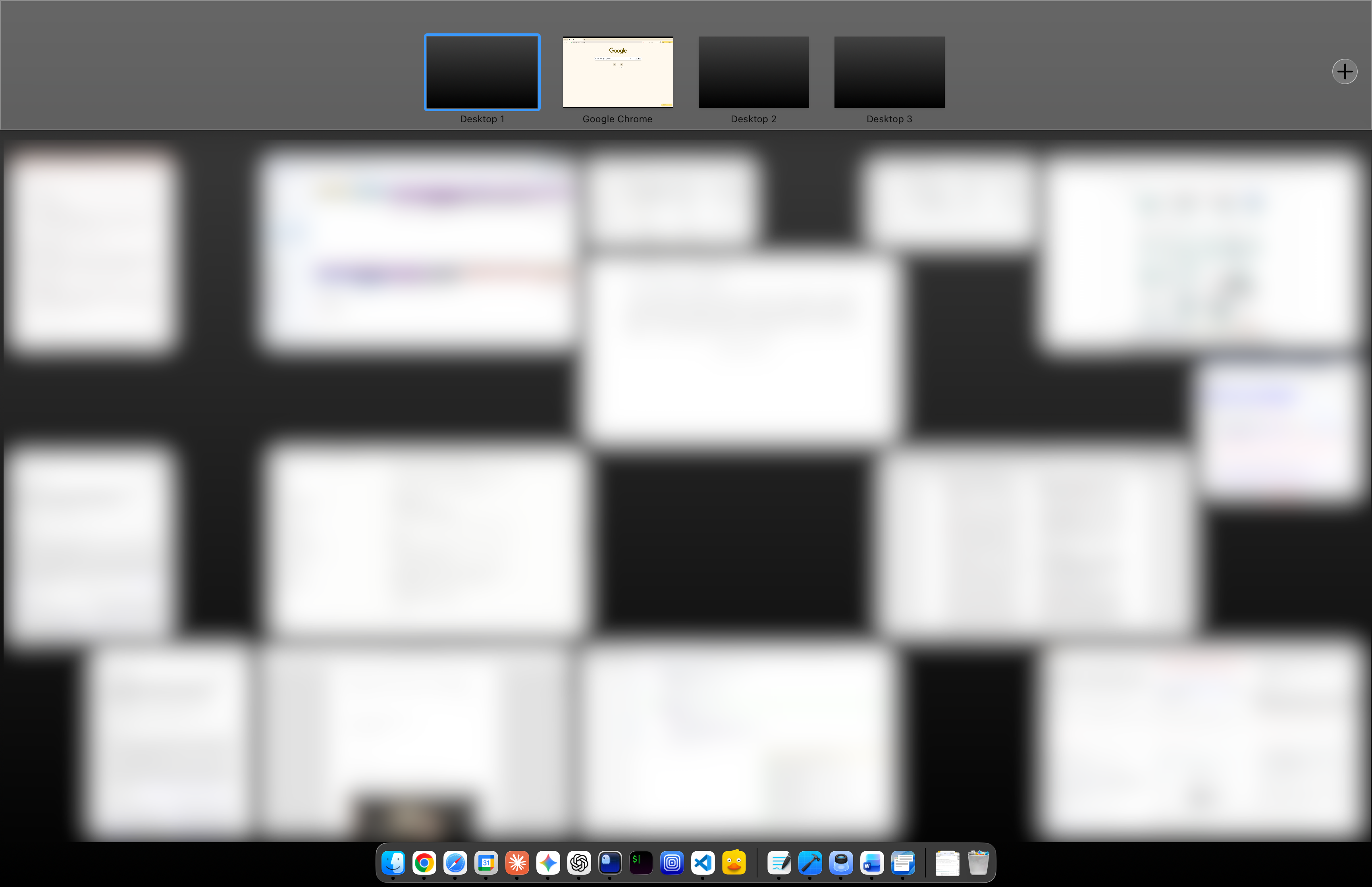 macOS Mission Control showing all open windows and desktops